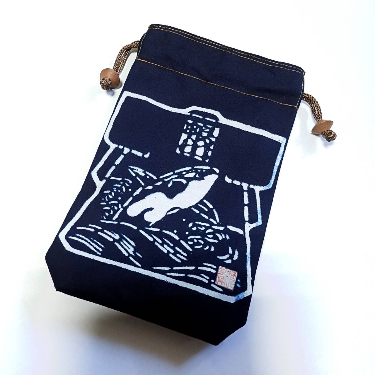 【未使用品】萬祝染　長着　鈴染　鴨川　萬祝 藍染め巾着 鶴亀 鴨川萬祝染 鈴染【クリックポスト可】